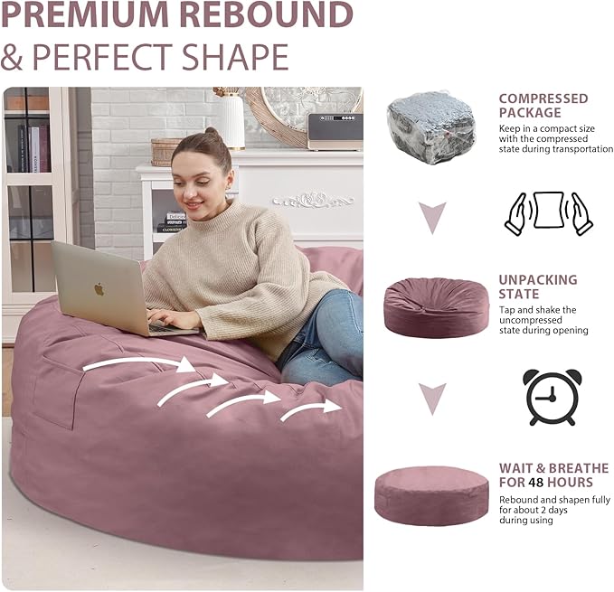 7FT Bean Bag Chair, Large Bean Bag Chairs with Memory Foam Filled, Fluffy Beanbag Sofa with Dutch Velvet Cover, Round BeanBag Chairs for Living Room, Playroom - Dusty Pink-CubbioJoy