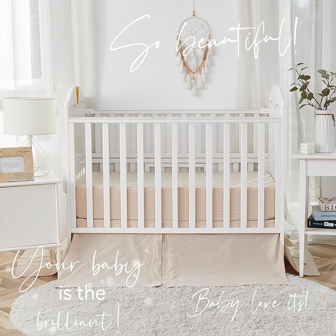 Brandream 3 Pieces Crib Bedding Set for Girls or Boys Quilt,Crib Sheet,Dust Ruffle Skirt, 100% Washed Cotton Like Linen Supersoft Farmhouse Chic Boho Beige Classic Quilted Plaid Design-CubbioJoy