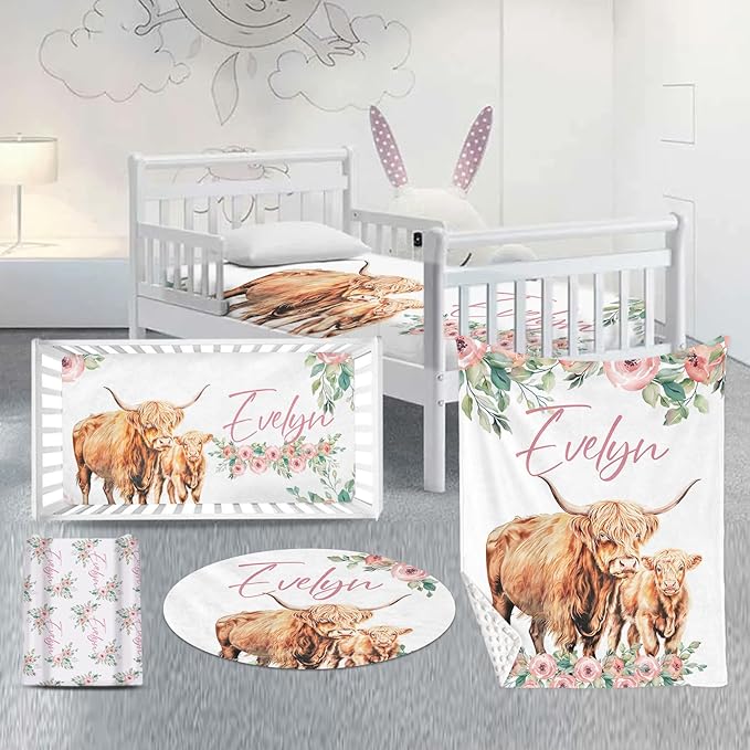 Custom Nursery Crib Bedding Set: Personalized Name 4 Piece Floral Highland Cow Design Baby Crib Sets for Girls - Toddler Double Layer Blanket Set, Comfortable Crib Bed Sheets for Baby Toddlers-CubbioJoy