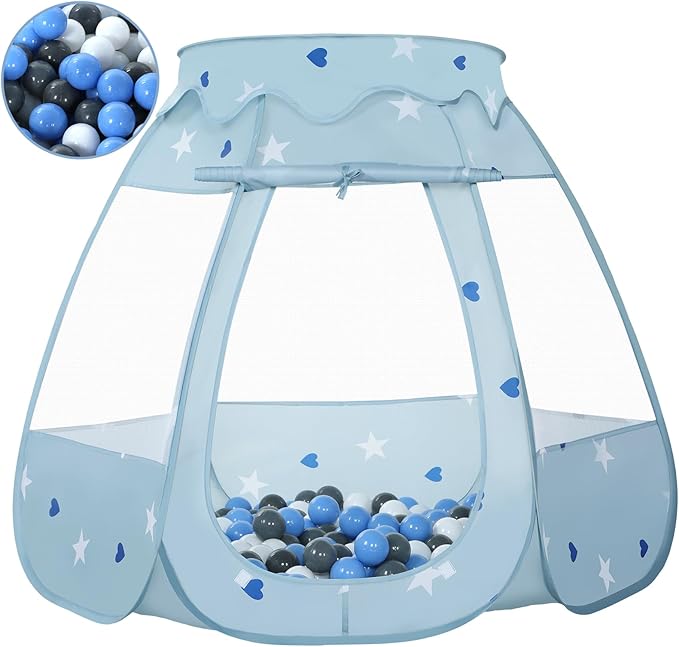 Baby Ball Pit for Toddler with 50 Balls, Kids Pop Up Play Tent for Girls, Princess Toys Gifts for Children Indoor & Outdoor Playhouse (Greyish-Blue: Gray/White/Babyblue, 109x90cm/50 Balls)-CubbioJoy