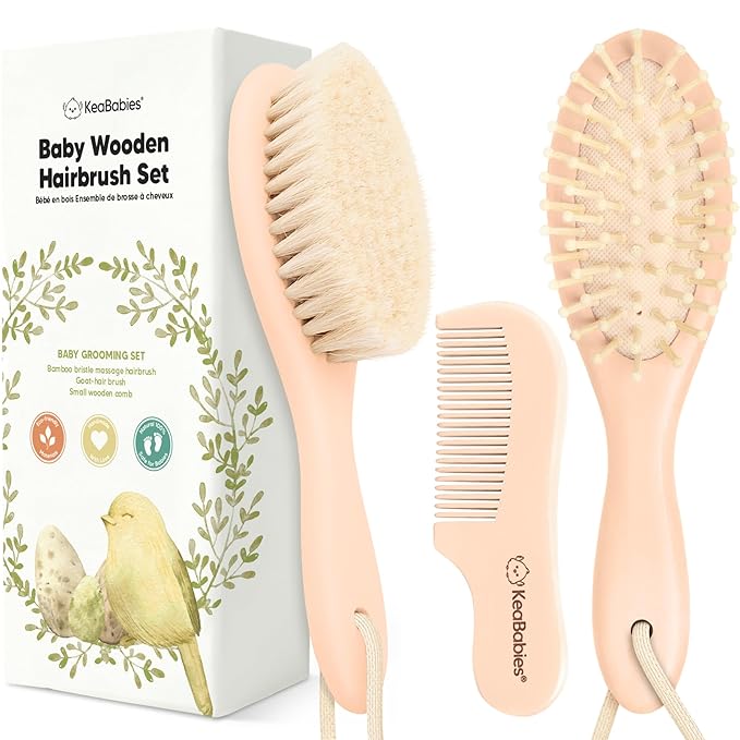 Baby Hair Brush and Comb Set for Newborn - Wooden Baby Hair Brush Set with Soft Goat Bristle, Baby Brush Set for Newborns, Baby Brush and Comb Set Girl, Boy, Toddler Cradle Cap Brush (Oval, Peach)-CubbioJoy