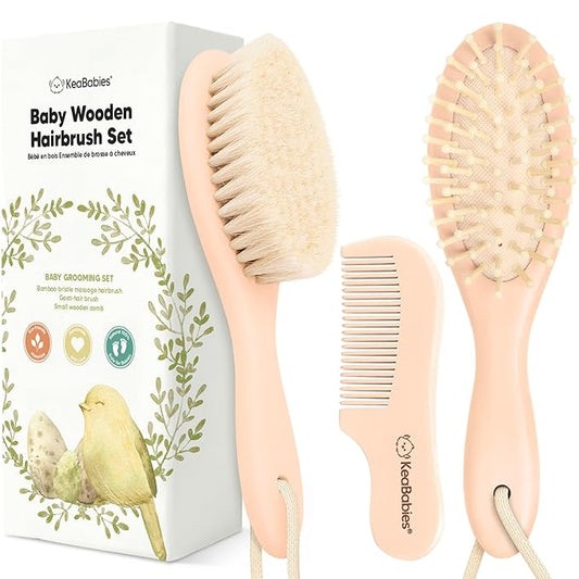 Baby Hair Brush and Comb Set for Newborn - Wooden Baby Hair Brush Set with Soft Goat Bristle, Baby Brush Set for Newborns, Baby Brush and Comb Set Girl, Boy, Toddler Cradle Cap Brush (Oval, Peach)-CubbioJoy