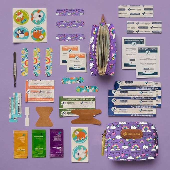 KeepGoing Small Travel First Aid Kit Kids – 60 Pc. Mini First Aid Kit for Purse, Diaper Bag, & Backpack with Latex-Free Bandages – 4 Oz., & 4.5 x 3.5 x 2 in, TSA-Approved-CubbioJoy