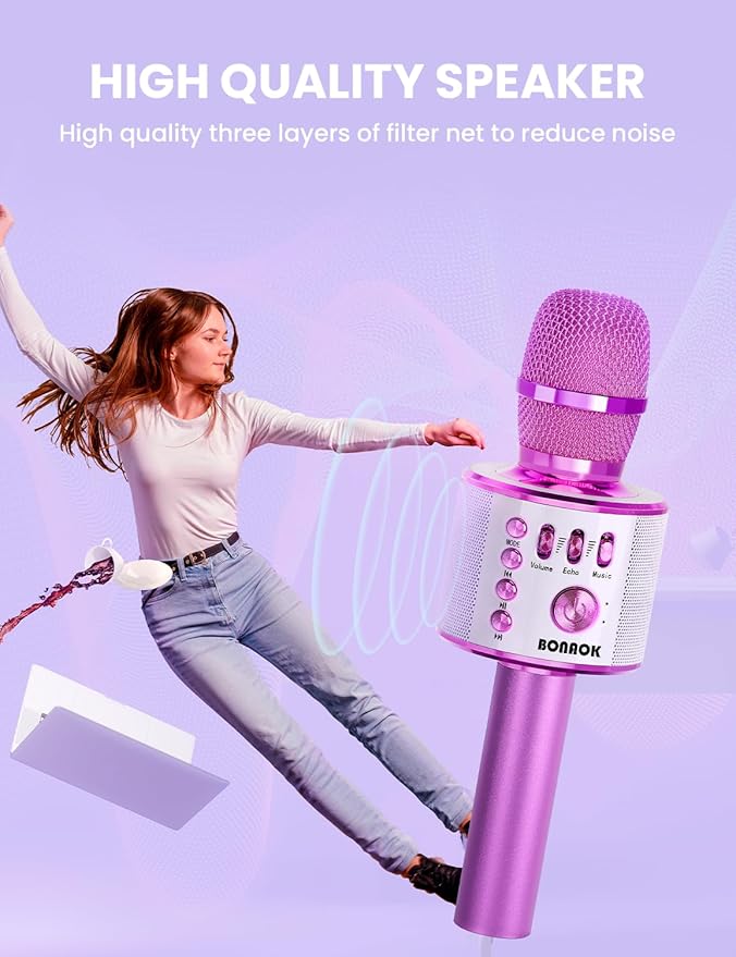 BONAOK Wireless Bluetooth Karaoke Microphone, Portable Toy Microphone for Singing, Gifts to Girls Boys Kids Adults All Age Q37（Bright Purple）-CubbioJoy