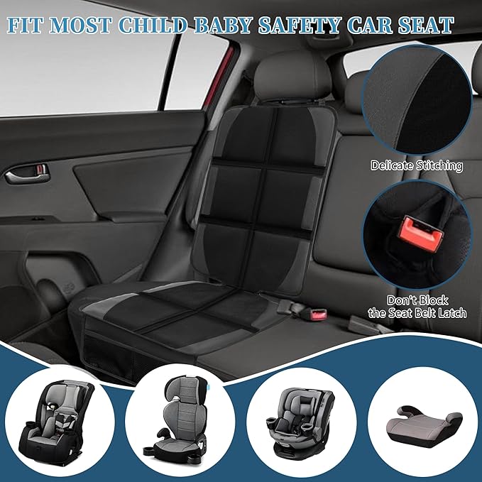 Car Seat Protector for Child Car Seat, 2 Pack Baby Car Seat Covers with Mesh Pockets & Non-Slip Backing 600D Durable Seat Protector Under Baby Car Seat for Car Back Seat (Black, Large)-CubbioJoy