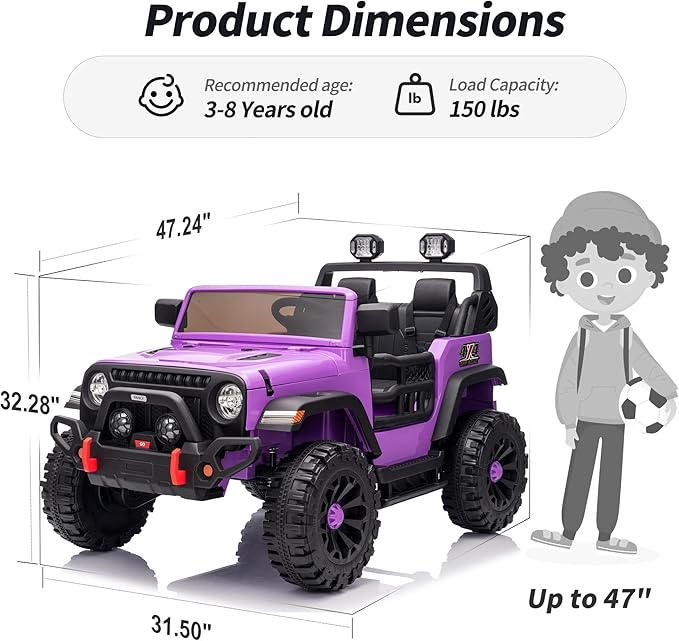 2 Seater Ride on Toy Car for Kids, 24V 4x4 Ride-on Truck Kids Electric Car w/Remote Control, 4x200W Motors - Purple-CubbioJoy