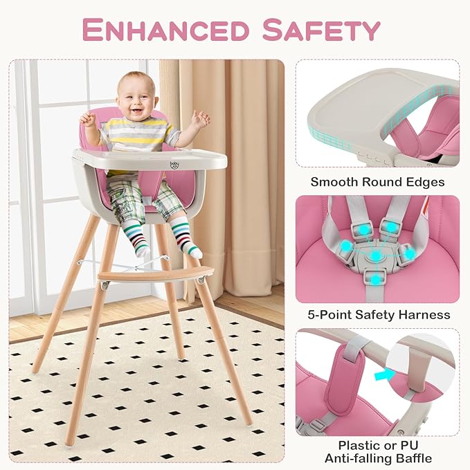 BABY JOY Convertible Baby High Chair, 3 in 1 Wooden Highchair/Booster/Chair with Removable Tray, Adjustable Legs, 5-Point Harness, PU Cushion and Footrest for Baby, Infants, Toddlers (Pink)-CubbioJoy