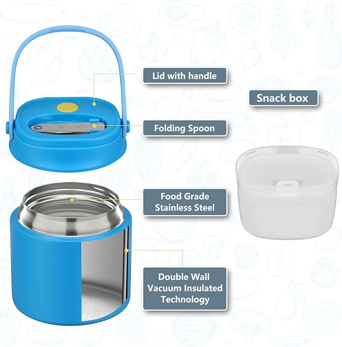 2 - in - 1 Soup Thermo for Hot Food 14oz with Snack Box Container Leak Proof Insulated Lunch Container Kids and Adults Stainless Steel Double Wall Vacuum Wide-mouth Thermal with Spoon and Handle-CubbioJoy