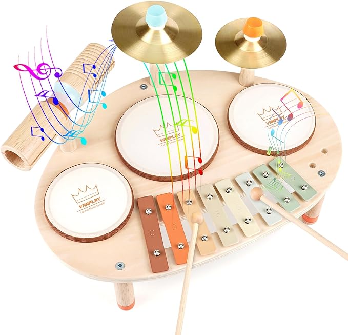 Drum Set - 9 in 1 Musical Instruments for for Toddlers 3+, Wooden Montessori Toys for Boy & Girls Easter Birthday Gifts, Musical Drum Set with Xylophone for Kids 3 4 5 6-CubbioJoy