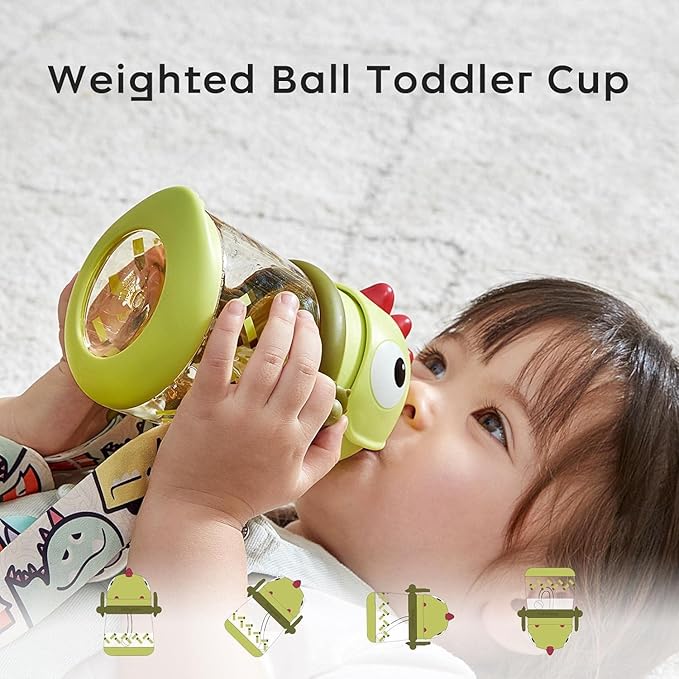 bc babycare Straw Sippy Cups for Toddler, No Spill Sippy Cups for Baby 1+ Year Old, Transition Weighted Sippy Cup with Straw and Strap, 10oz/300ml, Green-CubbioJoy