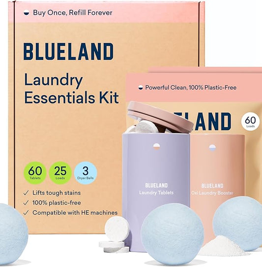 BLUELAND Laundry Essentials Kit, Spring Bloom - Plastic-Free Laundry Detergent Tablets, Oxi Booster, and Reuseable Natural Wool Dryer Balls-CubbioJoy