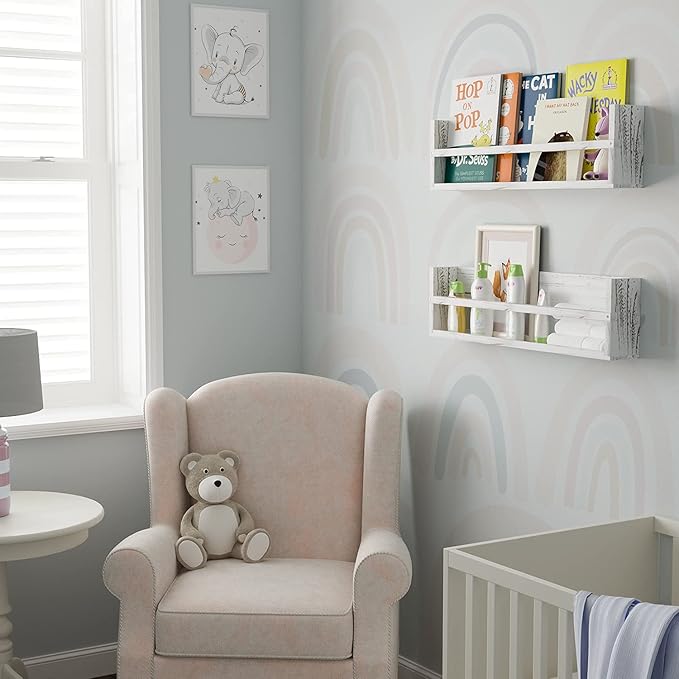 Brightmaison Polynez 30" Floating Shelves for Wall Decor, Kids Bookshelf, Nursery Book Shelves, Multiuse Shelf Set of 2 Wood Burnt White-CubbioJoy