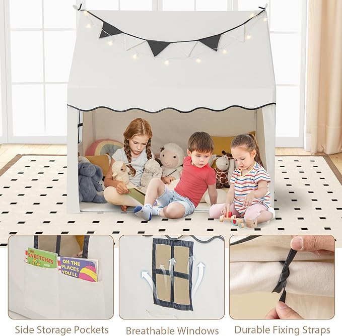 INFANS Kids Play Tent with Washable Mat Star Light Windows, Anti-Trip Large Playhouse Toys for Children Boys Girls, Indoor Outdoor Princess Tents Castle for Toddlers (Black- Wide Door)-CubbioJoy