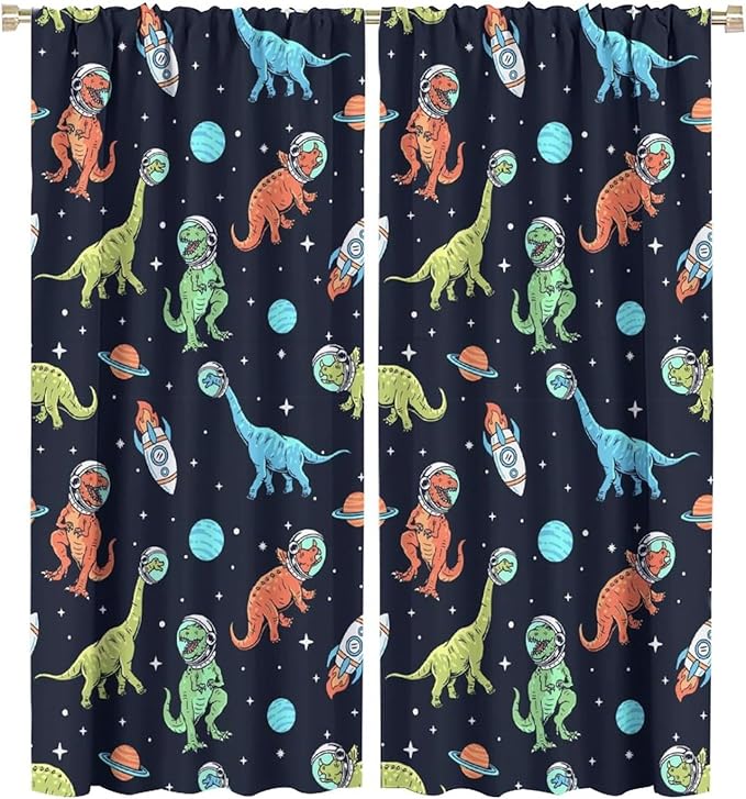 Cartoon Dinosaur Curtains for Kids Boys Girls Home Decor, Astronaut Rocket Funny Outer Space Blackout Rod Pocket Window Drapes for Bedroom Living Room W27.5xL63in 2 Panels-CubbioJoy