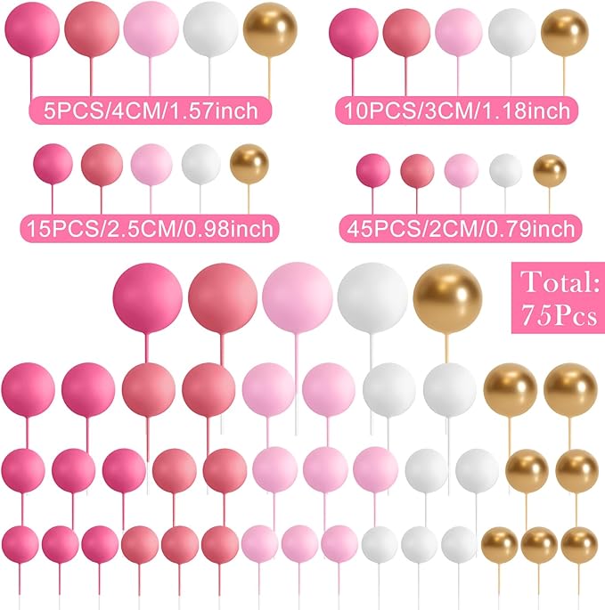 75 Pieces Cake Balls Topper Decorations Foam Cupcake Topper Mini Balloon Balls Cake Picks for Deco Birthday Party Wedding（Pink White Gold Series）-CubbioJoy