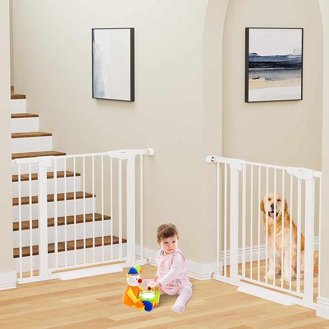 Cumbor 2 Pack 29.7-40.6" Baby Gate for Stairs, Mom's Choice Awards Winner-Dog Gate for Doorways, Pressure Mounted Self Closing Pet Gates for Dogs Indoor, Safety Child Gate with Easy Walk Thru Door-CubbioJoy