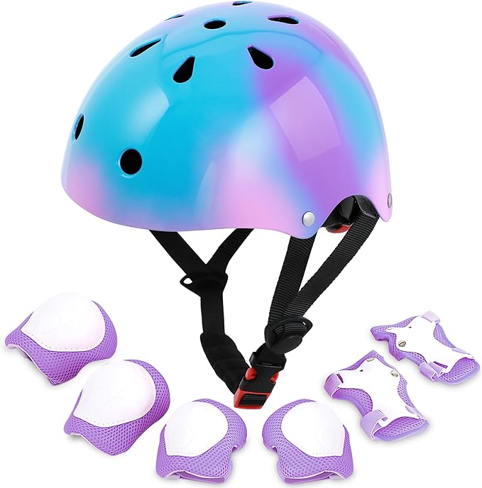 Kids Bike Helmet with DIY Stickers and Knee Pads Elbow Pads Wrist Guard Set for Ages 3-8-14 Toddler Boys Girls Helmet for Roller Skates Cycling Skateboarding Bicycle Scooter-CubbioJoy