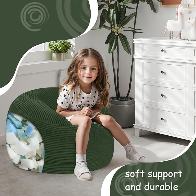 COMAX Kids Bean Bag Chair Turn into Beanbag Bed, Toddler Bean Chair Corduroy for Girl Boy Sleeping, Lazy Children Bean Bags with Filler, Convertible Child Floor Mattress, Dark Green-CubbioJoy