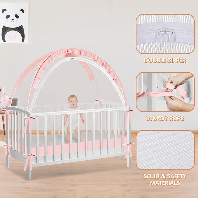 Crib Tent to Keep Baby from Climbing Out - Crib Net to Keep Baby in - Pop Up Breathable Cribs Cover - Canopy with Upgrade Strong Mesh and Durable Zipper (Pink, Lager)-CubbioJoy
