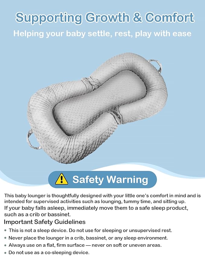 Baby Lounger Pillow : 3-in-1 Infant Lounger for Newborn 0-24 Months, Portable Tummy Time Mat for Home and Travel, Breathable & Soft Baby Seat for Baby, Babies Essentials Gifts, Grey-CubbioJoy