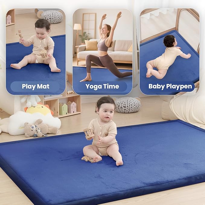 Baby Play Mat for Floor,1.3" Thick Memory foam Tummy Time Mat,Soft Coral Velvet Nursery Rug,Extra Large Non Slip Crawling Mat for Toddlers,Infants,kids,oga,Tatami Style for Living Room(Royal Blue)-CubbioJoy