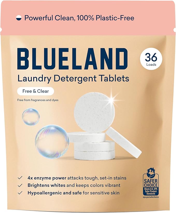 BLUELAND Laundry Detergent Tablets, 36 Count, Plastic-Free Eco-Friendly Pods, Sheets, Liquid Alternative - Fragrance Free and Clear, Natural, Gentle-CubbioJoy