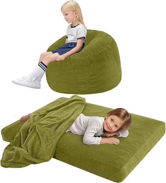 COMAX Kids Bean Bag Chair Turn into Beanbag Bed, Toddler Bean Chair Corduroy for Girl Boy Sleeping, Lazy Children Bean Bags with Filler, Convertible Child Floor Mattress, Light Green-CubbioJoy