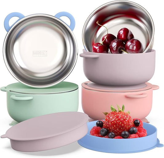 Baby Suction Bowls with Lids 4-Pack, 2-in-1 Stainless Steel 304 Toddler Bowl & Removable Silicone Suction Kids Bowl Plate Set Non Toxic Snack Dishes for Self-Feeding, Unicorn Magic Set-CubbioJoy