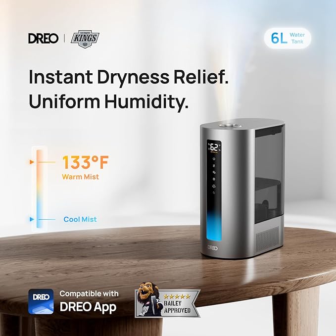 Dreo 6L Humidifiers for Bedroom, Smart Warm & Cool Mist for Large Room, 60Hr Quiet Runtime for Baby, Plant, Humidity Sensor, Indicator Light, 12H Timer, Google/Alexa, HM713S-CubbioJoy