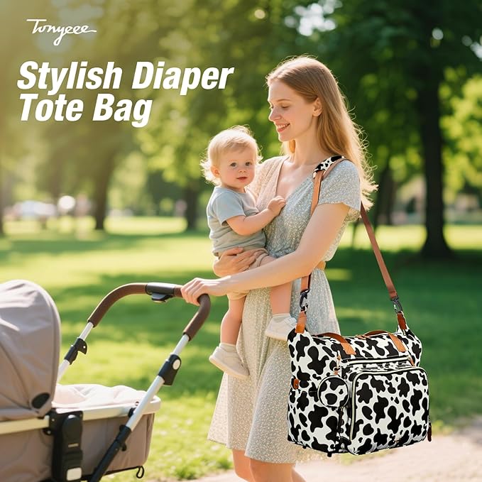 Diaper Bag Tote, Large Baby Diaper Bags for Travel, Hospital Bag for Labor Delivery with Pacifier Case, Changing Pad, Shoulder Strap, Cow Print-CubbioJoy
