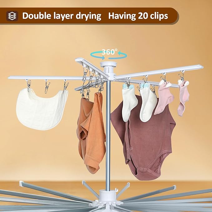 Clothes Drying Rack 2025 Upgrade 4-Legged 3-Tier Foldable Laundry Rack with 4 Pulleys 20 Clips,6 Shoe Dryers 16Drying Rods for Indoor/Outdoor, Camping, Poolside Space Saving, Whit-CubbioJoy