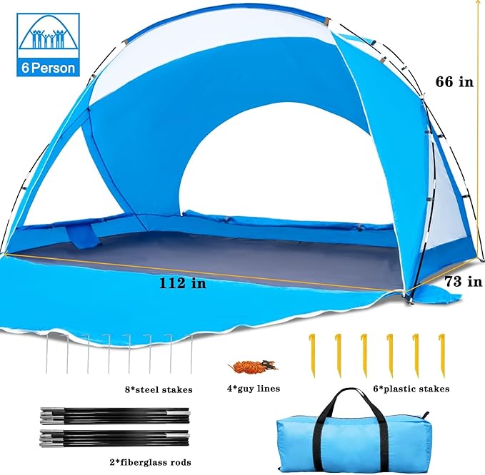 Beach Tent, Portable Sun Shelter for 2/3/4/6-8 Person with UPF 50+ UV Protection, Easy Setup Waterproof Beach Shade Canopy Cabana for Family Outdoor and Picnics, Fishing with Carrying Bag-CubbioJoy