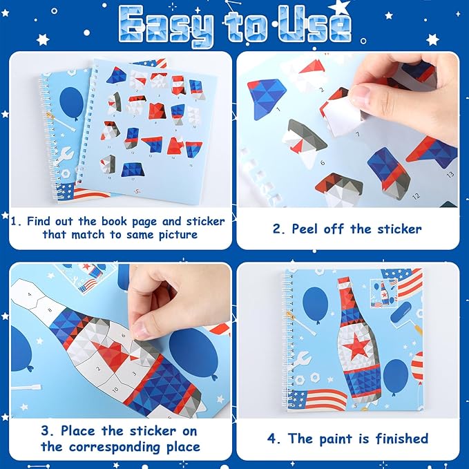 4Pcs Patriotic Paint by Sticker Books Sticker by Number Books Activity Book Puzzle Book Craft Art Gift Memorial Day 4th of July American Star 32 Pictures-CubbioJoy