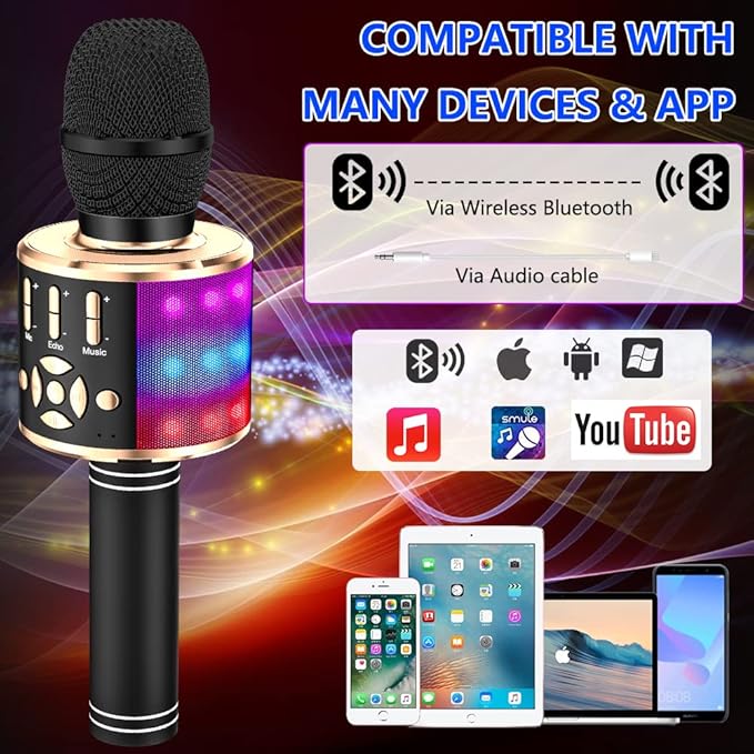 Amazmic Kids Karaoke Microphone Machine Toy Bluetooth Microphone Portable Wireless Karaoke Machine Handheld with LED Lights, Gift for Children Adults Birthday Party, Home KTV(Black Gold)-CubbioJoy