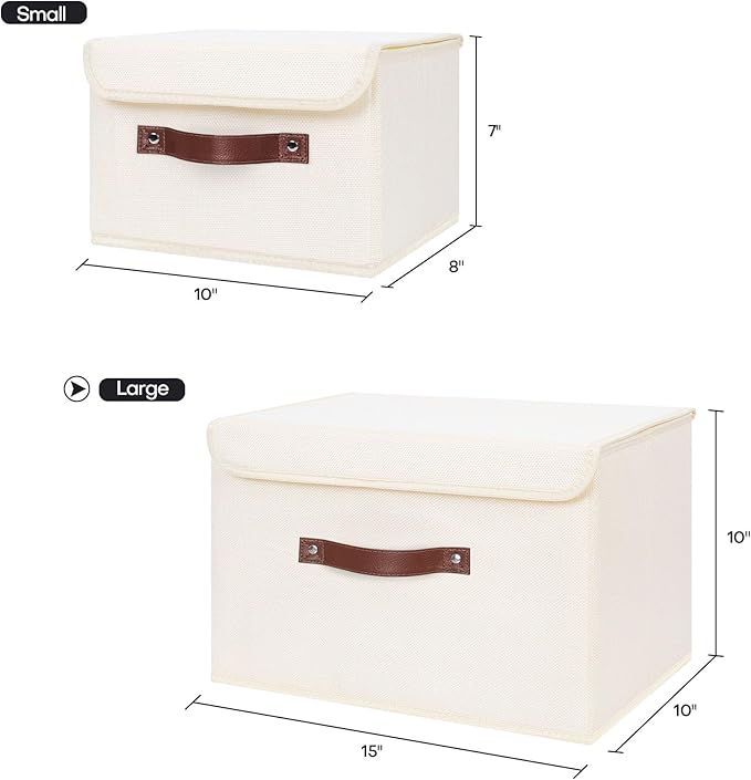 ANMINY 2PCS Storage Bins with Lid PU Leather Handles Storage Boxes PP Plastic Board Decorative Foldable Lidded Cotton Linen Fabric Home Cubes Baskets Closet Organizer Containers - Beige, Large Size-CubbioJoy