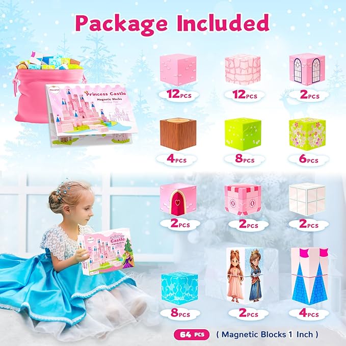 64 Pcs Magnetic Blocks-Princess Castle Collection World,Magnetic Building Blocks for 3+ Year Old Boys & Girls, Creative STEM Sensory Toys,Christmas Birthday Gifts for Kids Ages 3-8-CubbioJoy