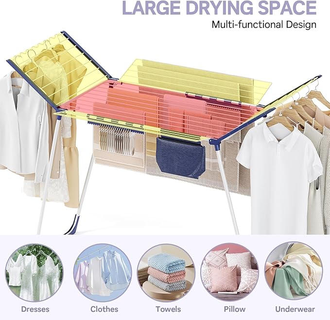 APEXCHASER Clothes Drying Rack Foldable, Drying Rack Clothing Large Space, Winged Laundry Rack with Sock Clips for Hanging Towels Clothes Dress Bedding Indoor Outdoor, White-CubbioJoy