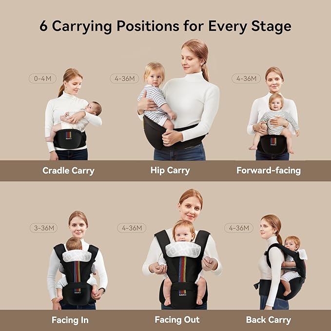 Baby Carrier with Hip Seat, BeBeBus 2-in-1 Ergonomic Newborn to Toddler Carrier up to 44 lbs, Detachable Hands-Free for Infant, All Season Forward-Facing Carry, Fits Waist Sizes up to 38 inch (Black)-CubbioJoy