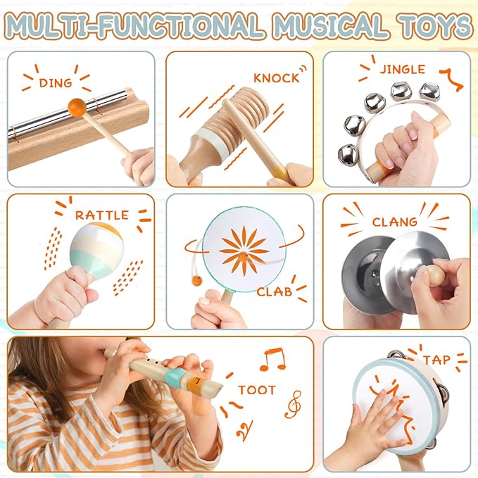 Baby Musical Instruments - Montessori Musical Toys for Toddlers 1-3, Wooden Percussion Instruments Set, Neutral Colors Modern Boho Music Toys for 1 Year Old, Kids Preschool Educational Birthday Gifts-CubbioJoy