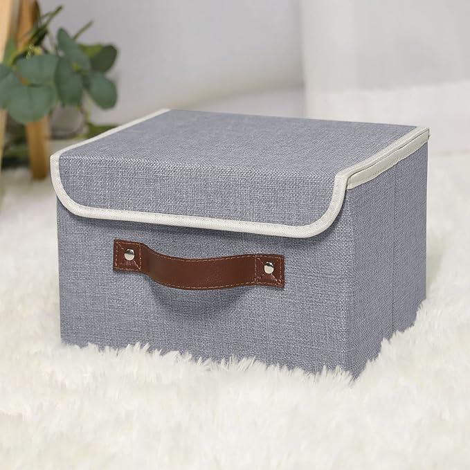 ANMINY Storage Bin with Lid Storage Boxes with PU Leather Handles PP Plastic Board Decorative Foldable Lidded Cotton Linen Fabric Home Cubes Baskets Closet Organizer Container - Gray, Small Size-CubbioJoy