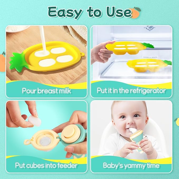 Baby Fruit Food Feeder - Silicone Nibble Tray Combo - Breastmilk Popsicle Mold for Cooling Relief, BPA Free Mesh Feeder for Infant Self Feeding (Robot Green + Pineapple)-CubbioJoy