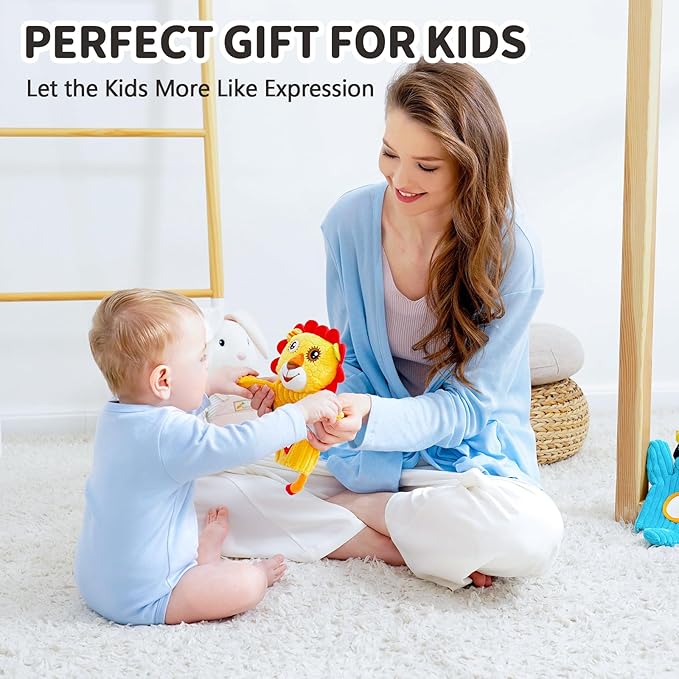 Jollybaby Hand Puppets Baby Toy 0-6-12 Months, Plush Stuffed Animal Hand Puppets Toys for Kids，Sensory Doll with Rattle and Mirror for Toddler，Social Emotional Play Therapy Toys for Boy Girl Gift-CubbioJoy