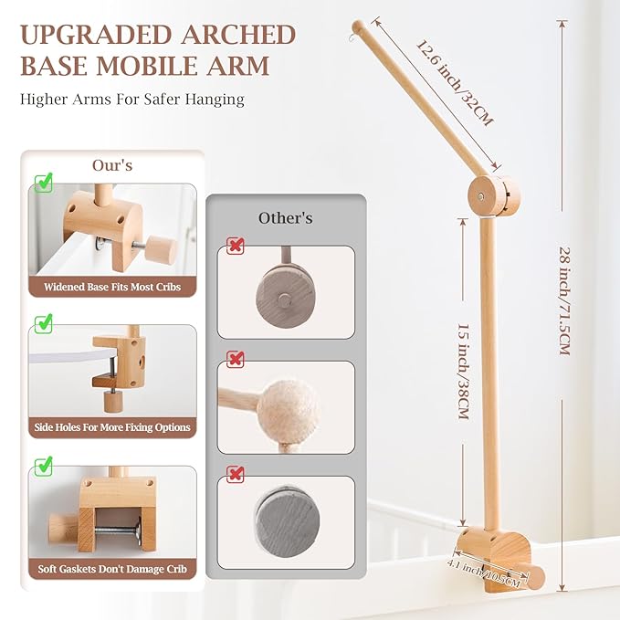 Baby Crib Mobile Arm - Wooden Mobile Arm with Height Adjustable＆360° Rotatable Upgraded Arched Base Nursery Mobile Holder for Crib Mobile Hanger Baby Crib Attachment Nursery Decor-CubbioJoy