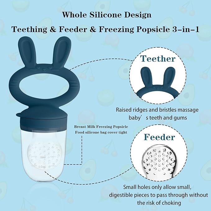 Baby Solids/Frozen Fruit Feeder Pacifier, Infant Teether Toy 4M+, BPA-Free Silicone Pouch & Nipple, Safely Introduce Solids, Teething Relief, 2-Pack - Blue/Green (Rabbit)-CubbioJoy