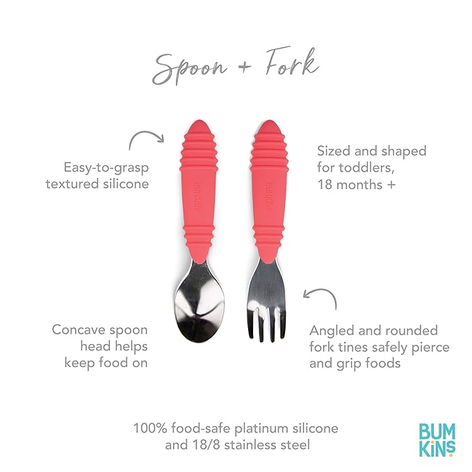 Bumkins Toddler Utensils, Kids Size Fork and Spoon Set, Silicone and Stainless-Steel Training Silverware, Angled Forks / Sporks for Self-Feeding, Children Hold Learning to Eat, 18 Months Up, Red-CubbioJoy