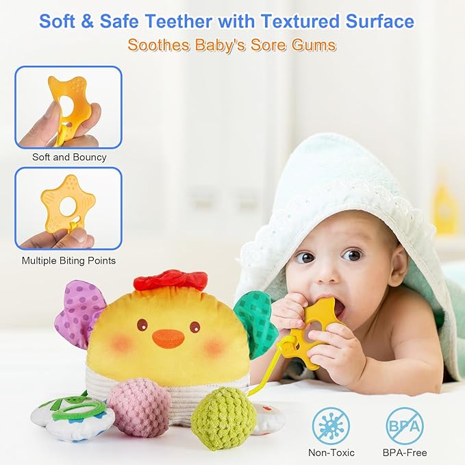 Car Seat Toy for Babies 0-6 Months, Stroller Toy with a Convenient clip, Carseat Toys Hanging Baby Accessories,Built-In Bell, Rattle,Squeaky,Mirror for infant,Babies Gift 0-3-6-12 months Boy Girl-CubbioJoy