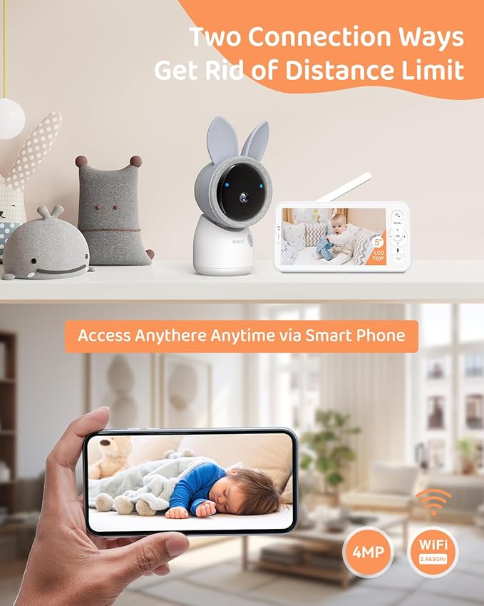 ARENTI 4MP 2.4G&5G WiFi Baby Monitor with 2 Cameras and Audio, Night Light, Auto Traking, Cry&Motion Detection, Temperature Sensor, App Control-CubbioJoy