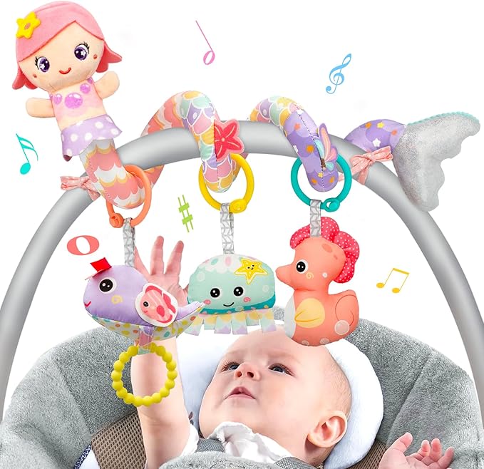 Car Seat Toys for Babies 0-6 Months Boy Girl Carseat Toys Hanging Spiral Stroller Toy, Infant Toy 0-6 Months Baby Newborn 0 3 Month Brain Development with Music Teether Rattle-CubbioJoy