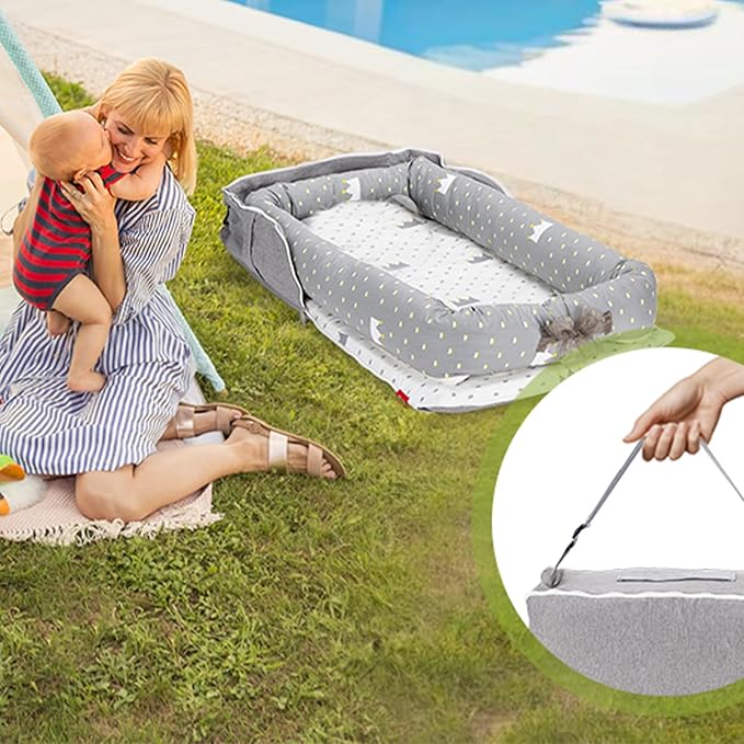 Baby Lounger for Newborn Portable Bag,Baby Lounger Play Mat for Awake-Time,Newborn Babies Essentials Gifts 0-24 Months Home Travel(Crown Grey)-CubbioJoy