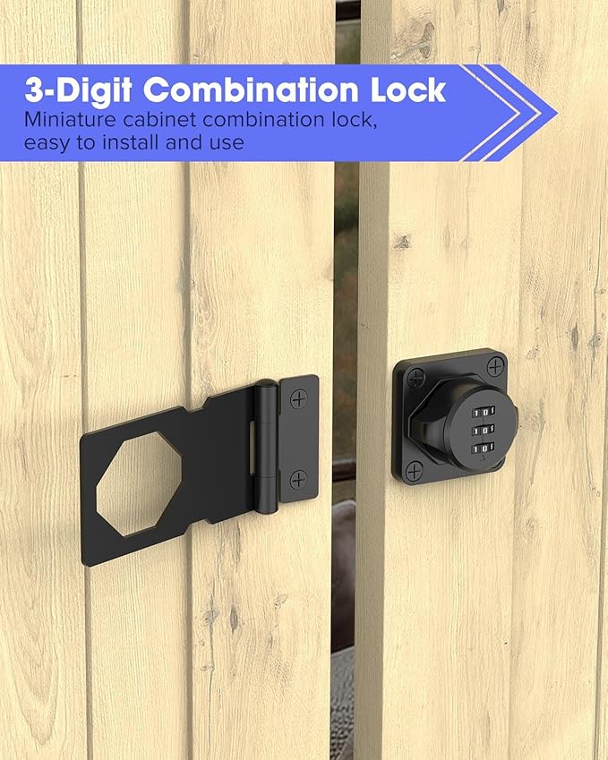3.5Inch Mechanical Password Rotary Hasp Latch Locks, 3-Digit Cabinet Combination Lock for Small Doors, Cabinets, Barn Door, Closet, Kitchen Drawers, Cupboard (Black -1pc)-CubbioJoy
